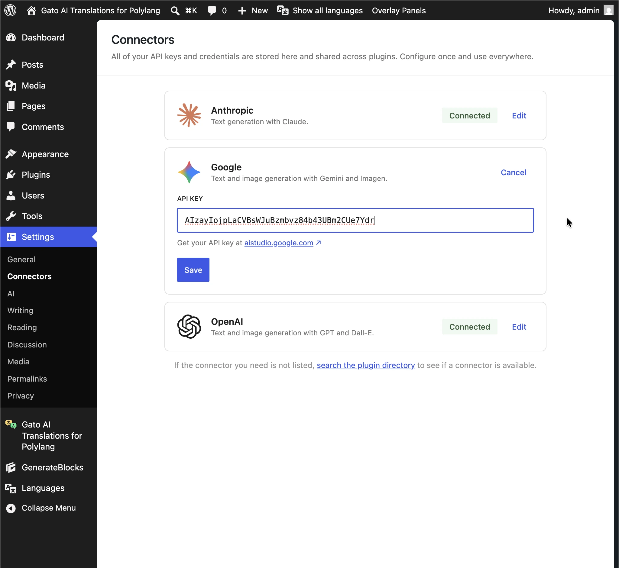 通过 WP AI Connectors 注册 API 密钥