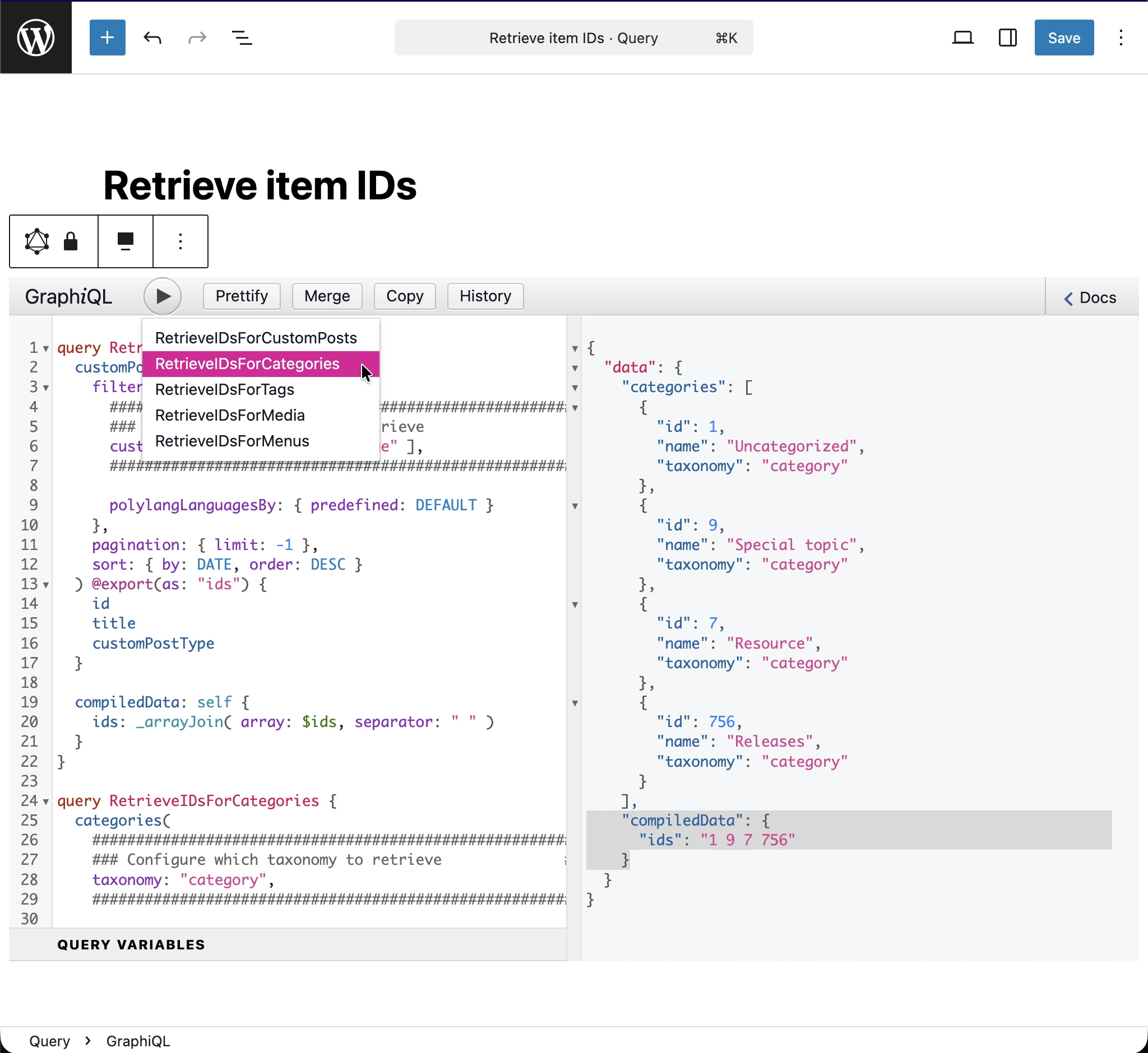 执行 'Retrieve item IDs' query