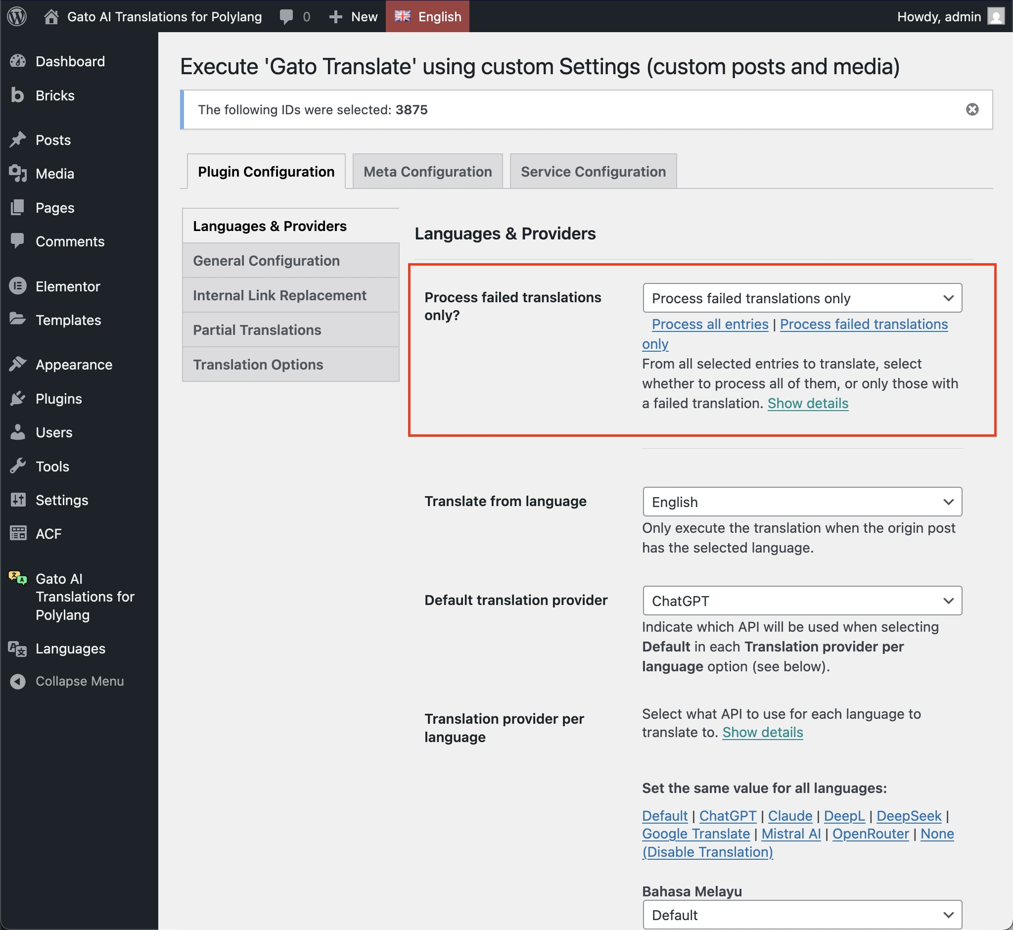 在“Gato Translate (Custom)”设置页面中选择“Process failed translations only”选项