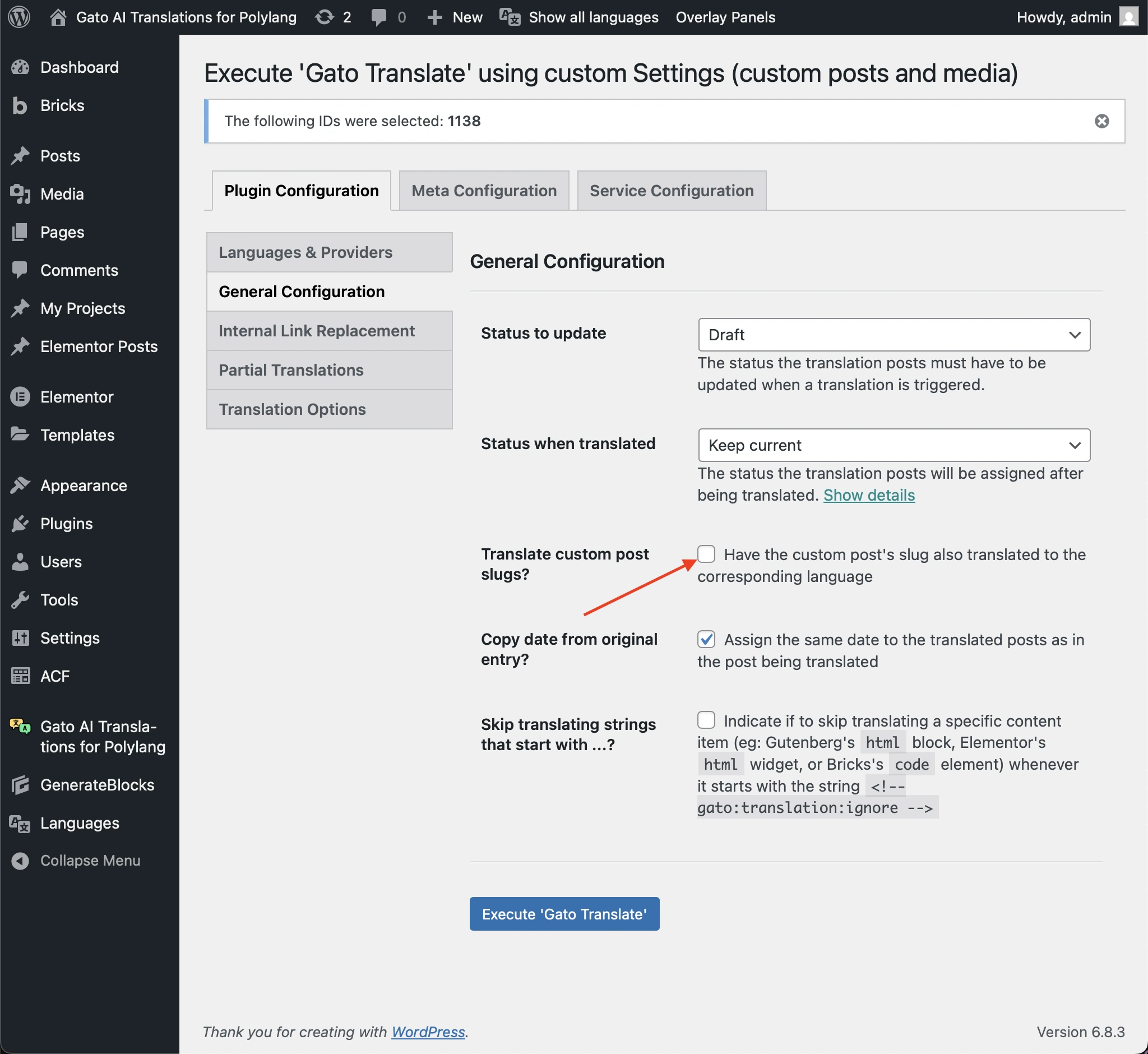 取消勾选「Translate custom post slugs?」选项