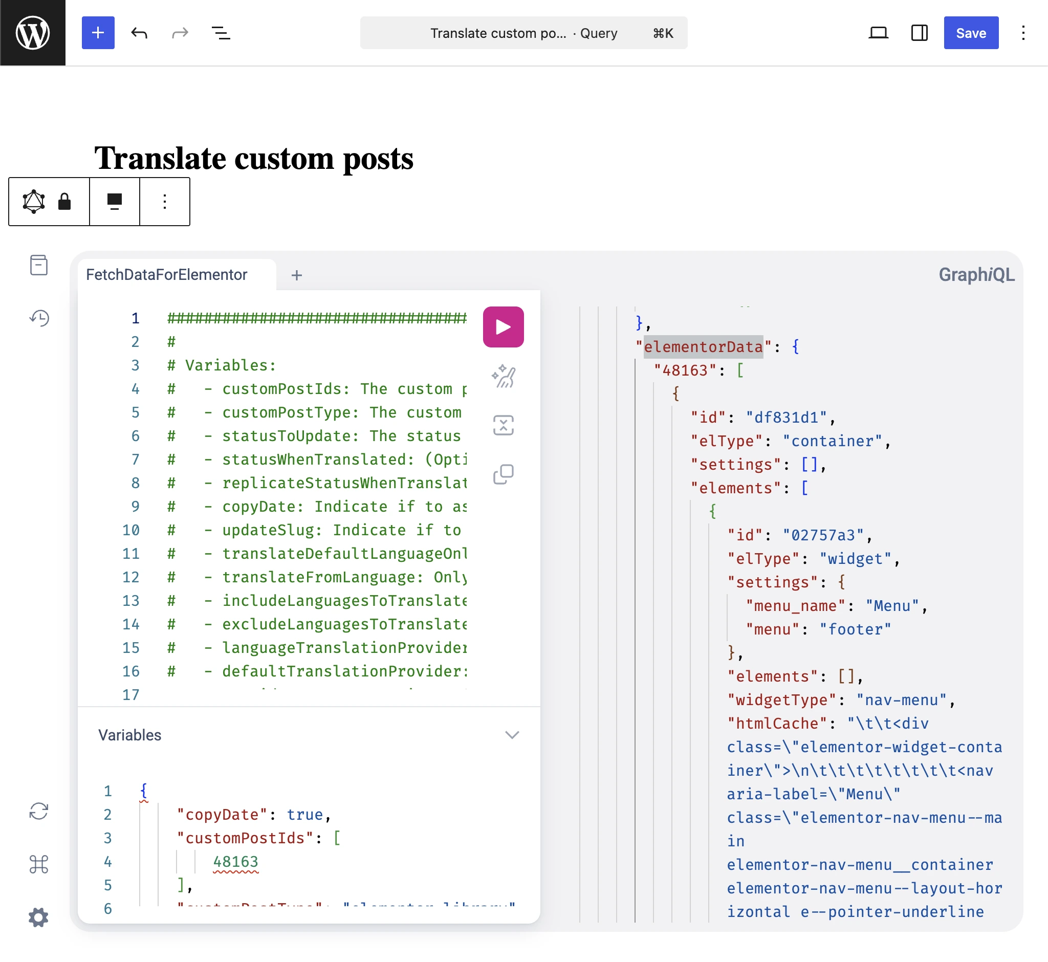 在 Translate custom posts GraphQL 响应中检查 elementorData