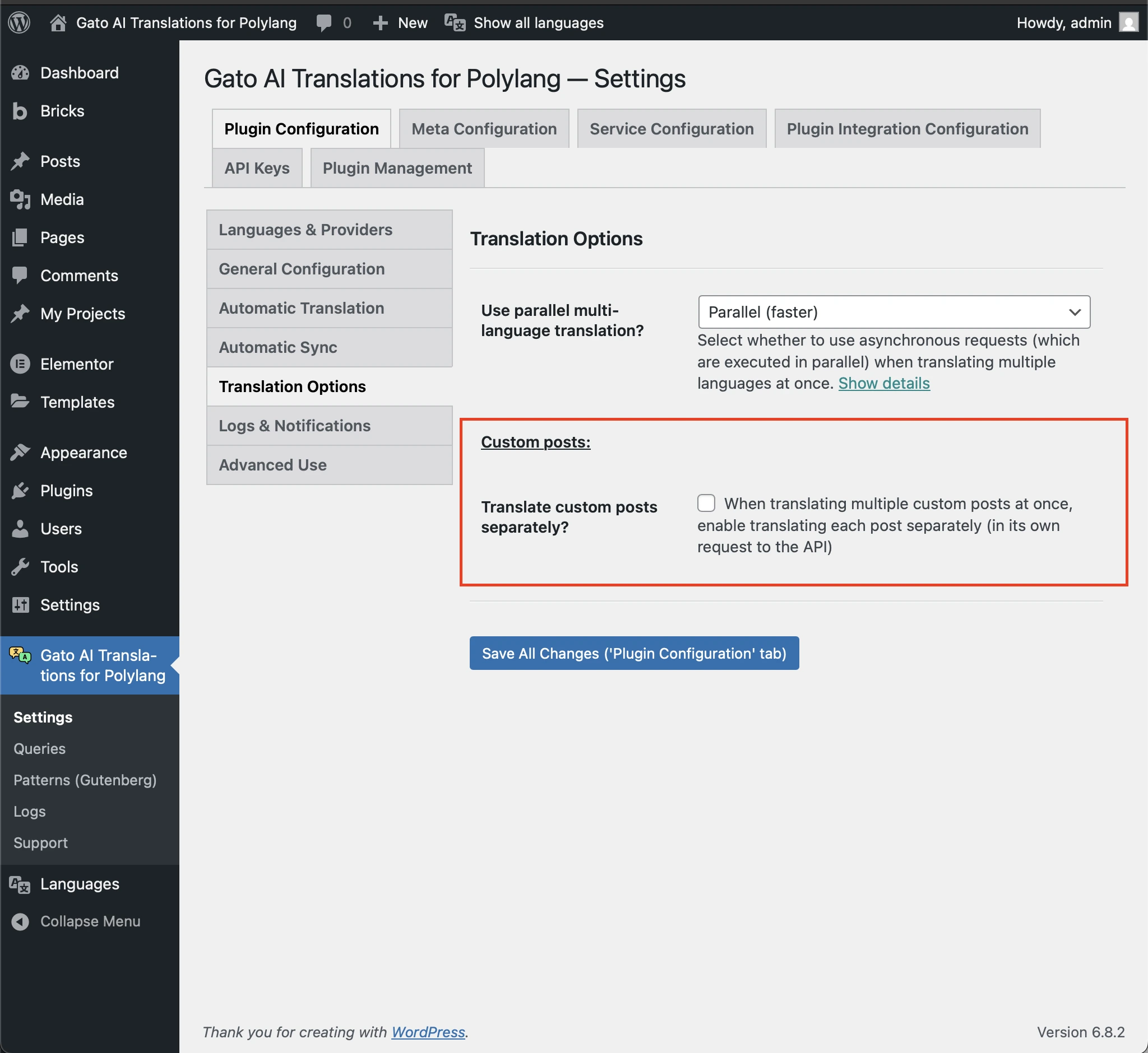 设置页面中的「Translate custom posts separately?」选项