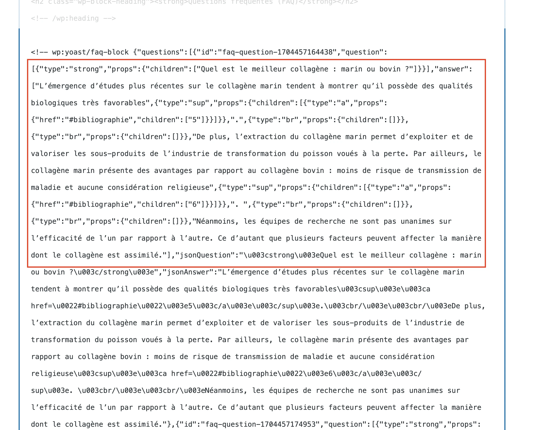 包含 HTML 标签的 Yoast FAQ 区块的代码