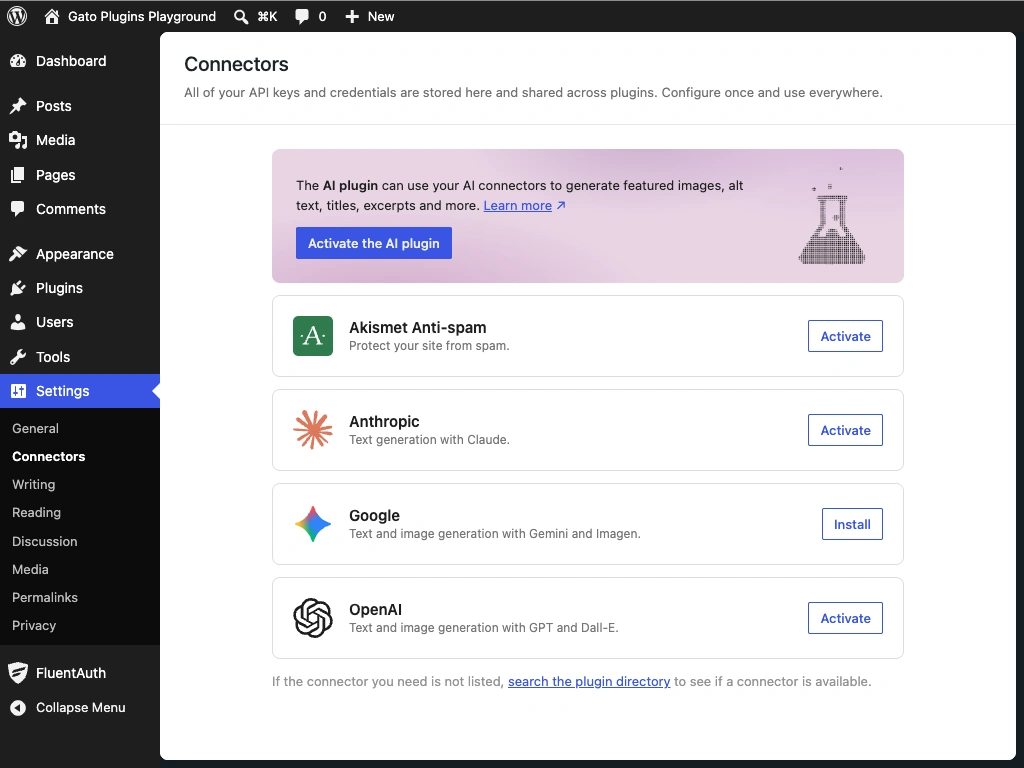 WordPress AI 连接器管理界面